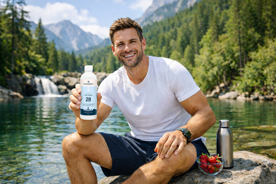 Man in nature with Essenzavital Liquid Collagen in his hand
