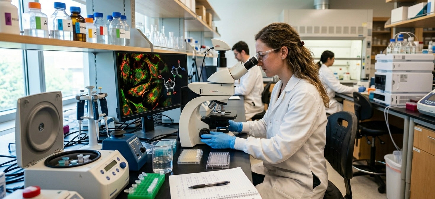 Women doctor inspecting NAD+ and Collagen in a laboratory