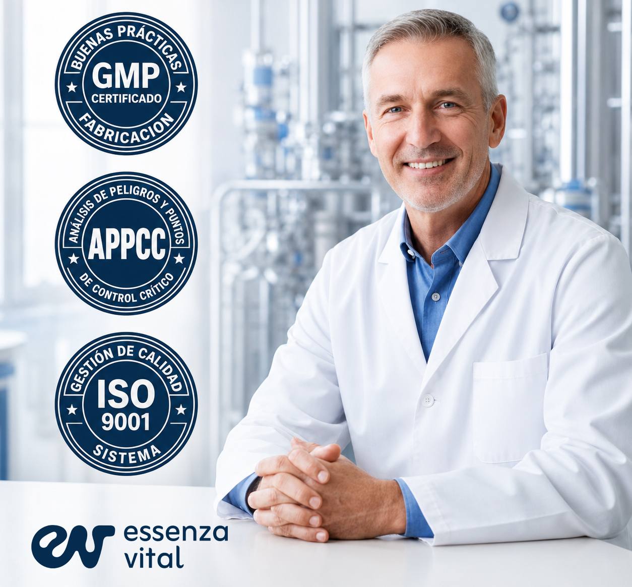 Profesional de laboratorio junto a sellos GMP, APPCC e ISO 9001 de EssenzaVital.