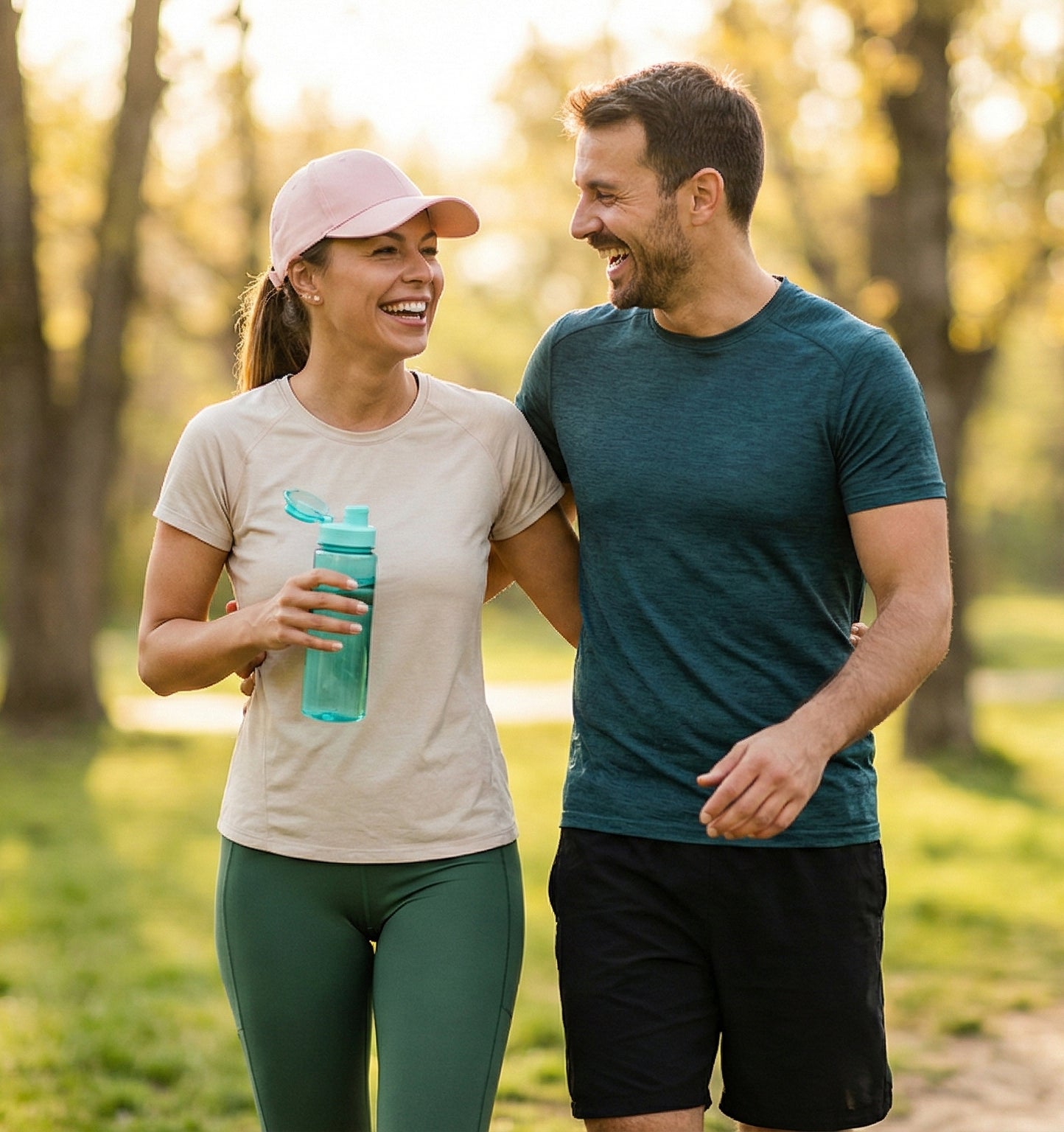 Hombre y mujer caminando al aire libre en un parque, tomados de la mano y sonriendo