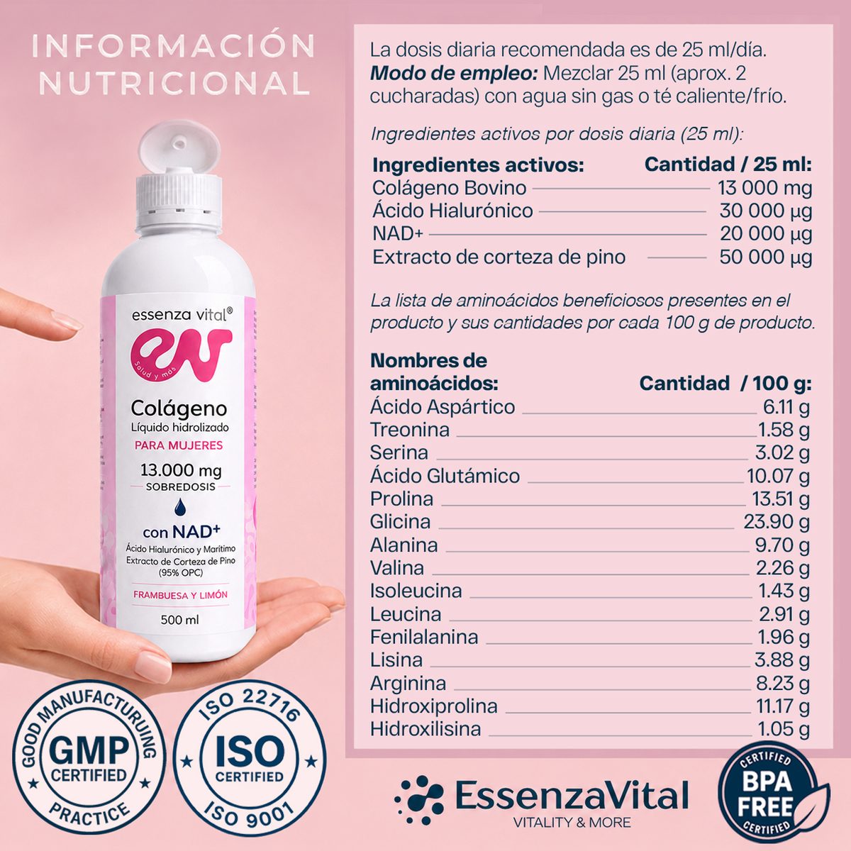 EssenzaVital Colageno Liquido con NAD+ information nutritional para Mujeres