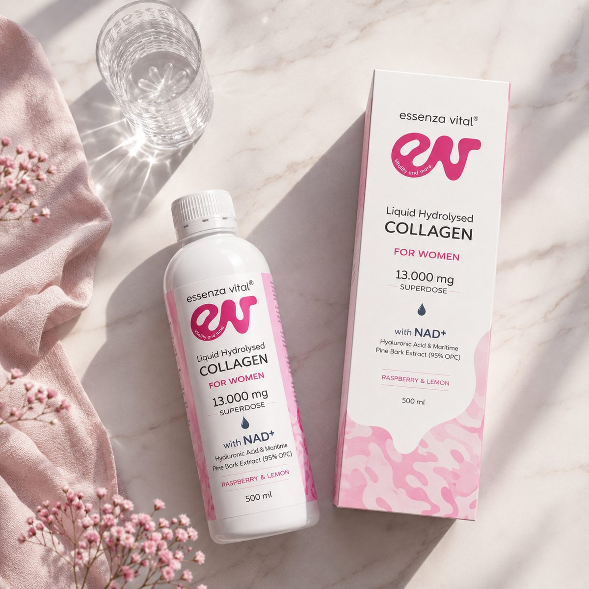 Colágeno hidrolizado líquido Essenza Vital para mujeres, botella y caja sobre una superficie de mármol con flores rosas.