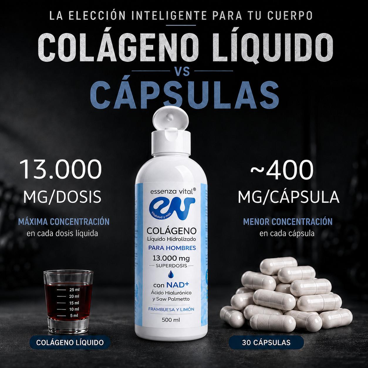 Colágeno Líquido para Hombres EssenzaVital con NAD+ | Péptidos de Colágeno Hidrolizado 13g