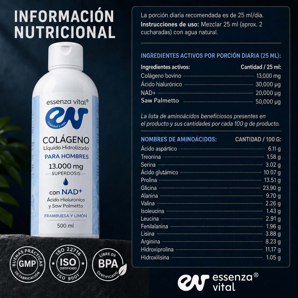 Colágeno Líquido para Hombres EssenzaVital con NAD+ | Péptidos de Colágeno Hidrolizado 13g