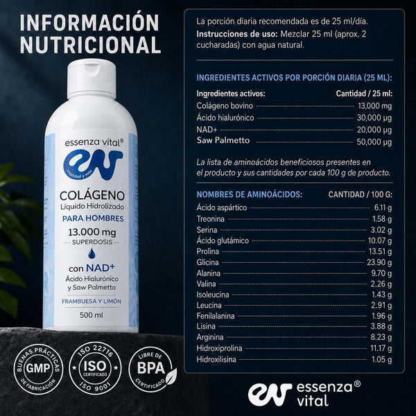 EssenzaVital Liquid Collagen for Men with NAD+ | Hydrolyzed Collagen Peptides 13g