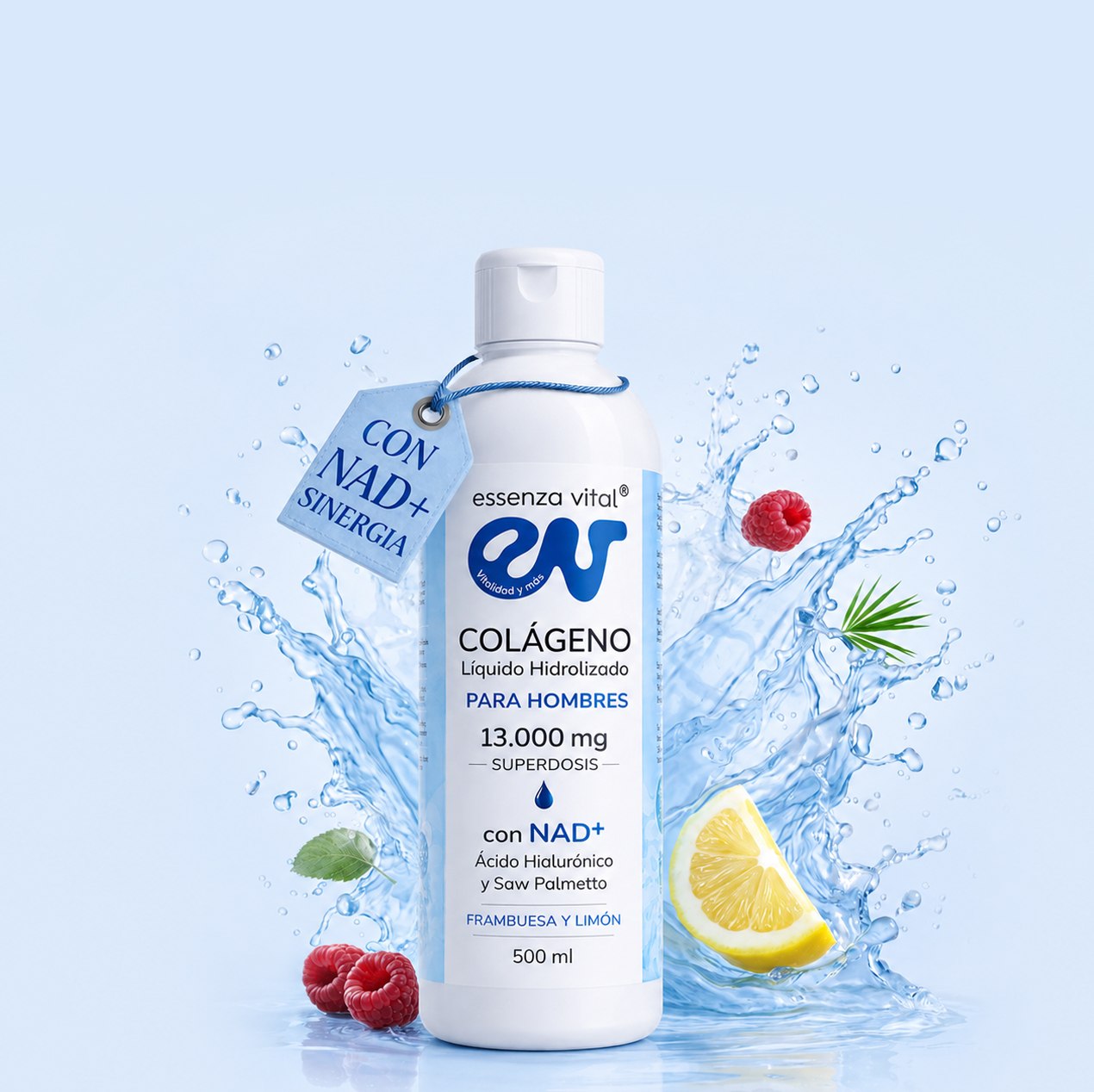Botella de colágeno líquido EssenzaVital para hombres, con NAD+, frambuesas, limón y salpicaduras azules.