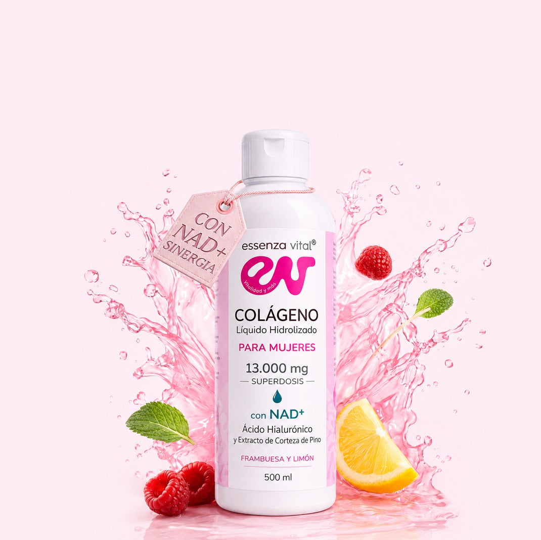 Botella de colágeno líquido EssenzaVital para mujeres, con NAD+, frambuesas, limón y salpicaduras rosas.