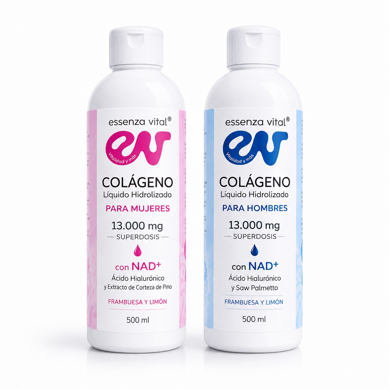 Botellas de colágeno líquido EssenzaVital para mujeres y hombres, con NAD+, sobre fondo blanco.