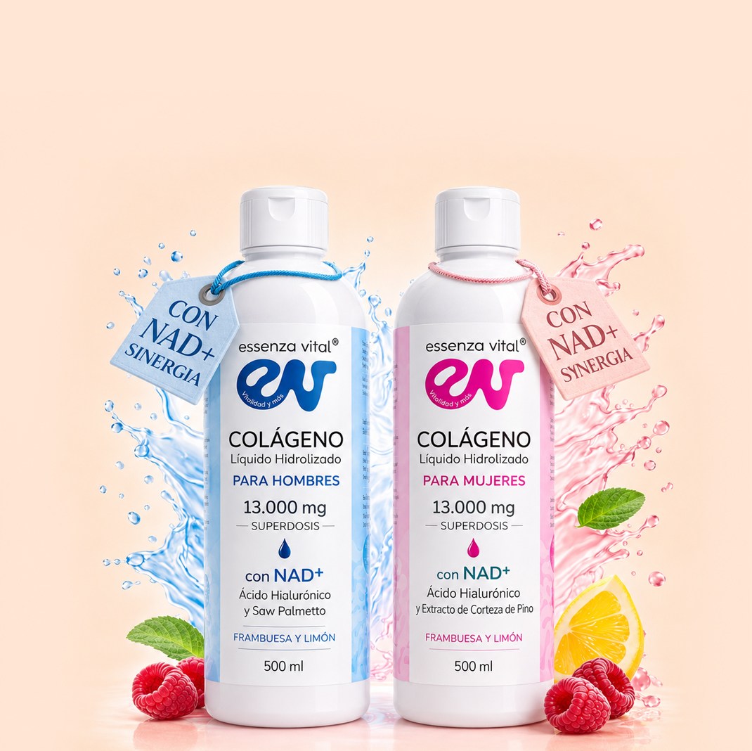Botellas de colágeno líquido EssenzaVital para hombres y mujeres, con NAD+, frambuesas, limón y salpicaduras . Pack Dúo