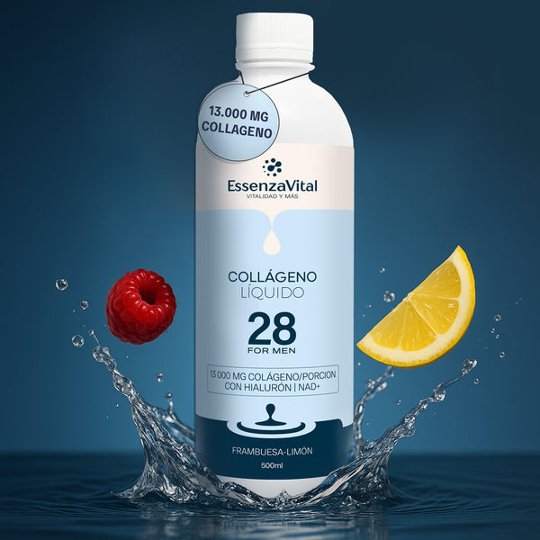 Bottle of EssenzaVital Men’s Liquid Hydrolyzed Collagen with NAD+, Hyaluronic Acid and Saw Palmetto with splash and fruits raspberry and lemon