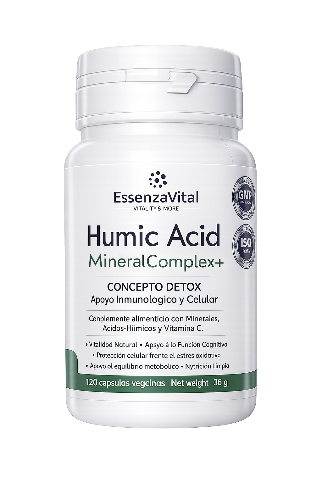 Botella del suplemento EssenzaVital Humic Acid MineralComplex+ sobre fondo blanco
