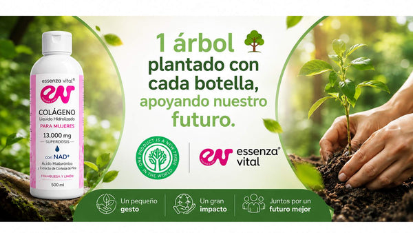Botella de colágeno Essenza Vital junto a manos plantando un árbol y el mensaje: un árbol por cada botella.