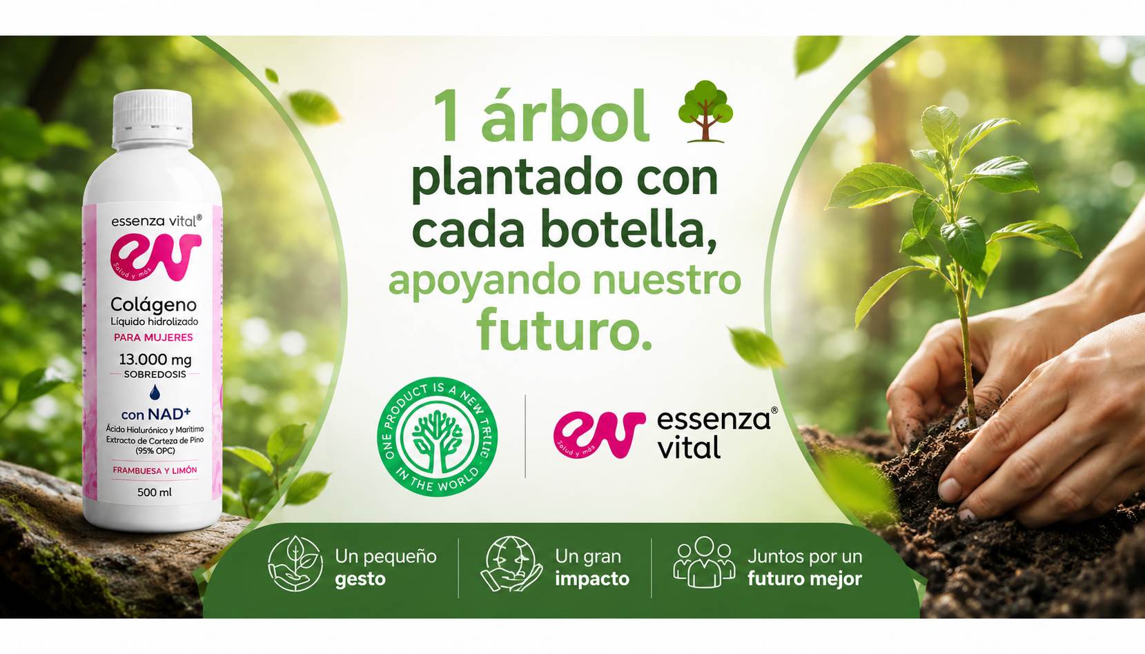 Botella de suplemento de colágeno Essenza Vital con un gráfico de plantación de árboles y un mensaje sobre el impacto ambiental.