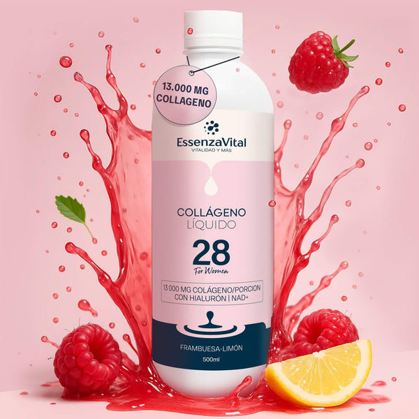 Bottle of EssenzaVital Women’s Liquid Hydrolyzed Collagen with NAD+, Hyaluronic Acid and Saw Palmetto with burgundy colour splash and raspberry and lemon