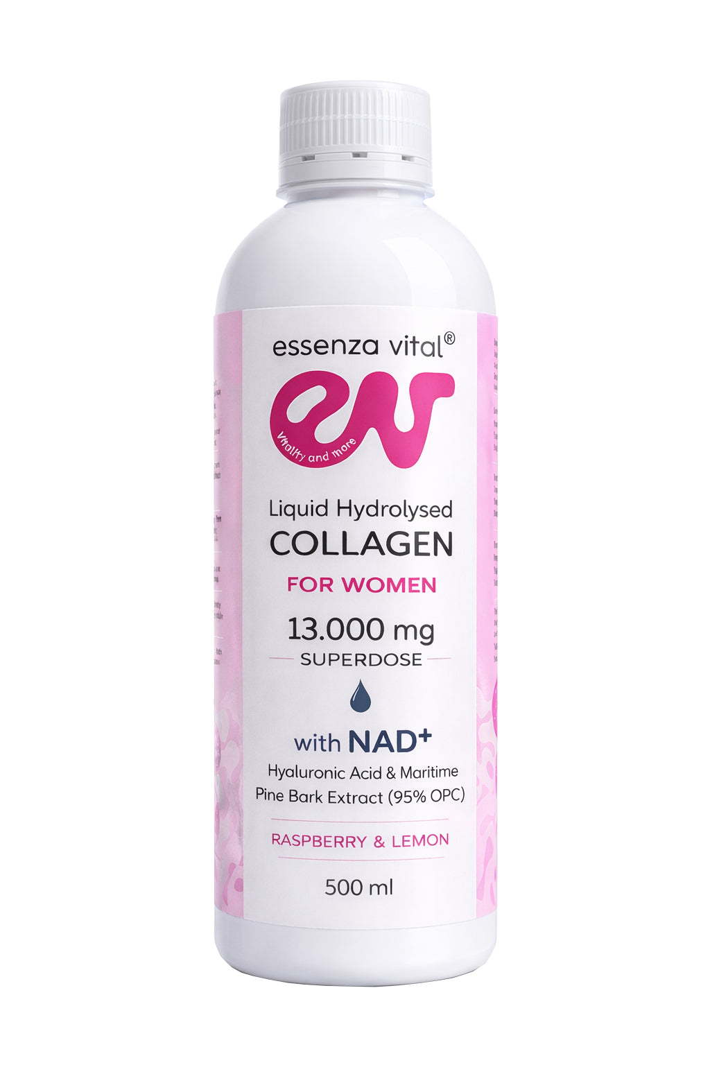 Botella de colágeno hidrolizado líquido EssenzaVital para mujeres sobre fondo blanco