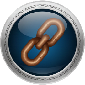 Icono de un eslabón de cadena sobre un fondo azul con un borde plateado
