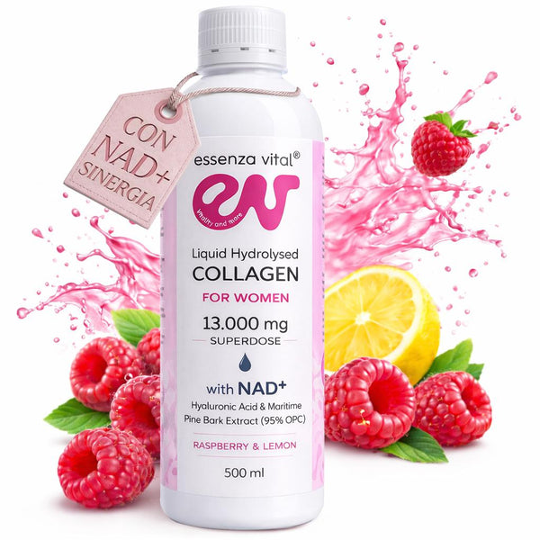 Botella de colágeno hidrolizado líquido EssenzaVital para mujeres con frambuesas y limón sobre fondo blanco