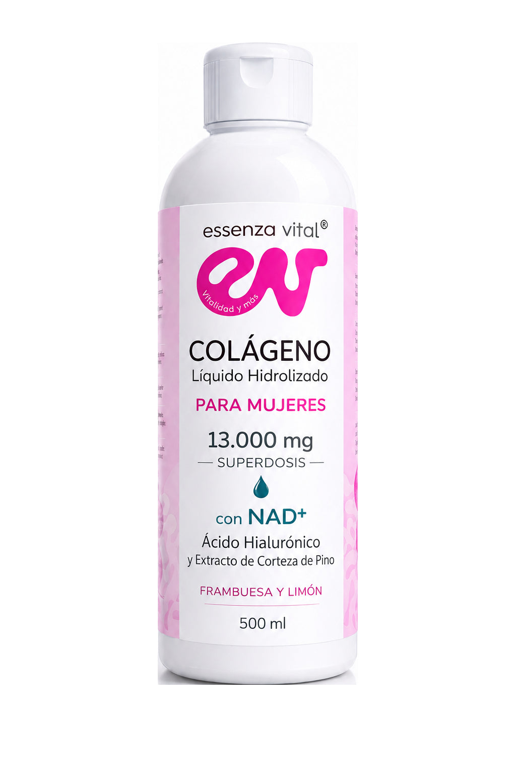 Botella de colágeno líquido Essenza Vital para mujeres con NAD+, ácido hialurónico y sabor frambuesa y limón.