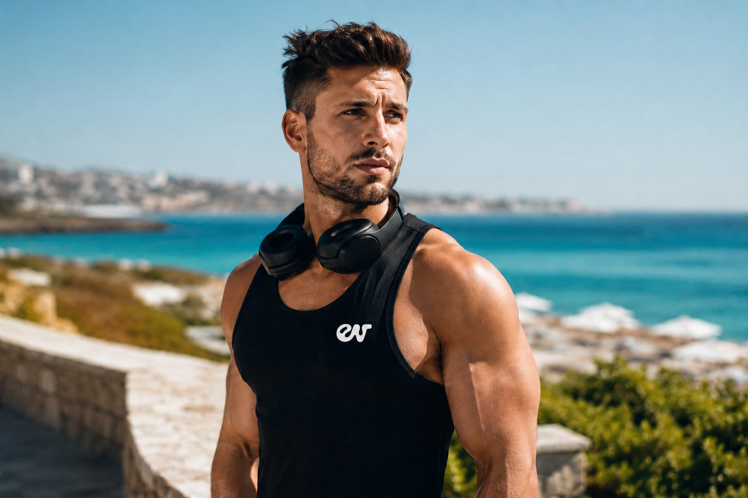 Hombre con ropa deportiva y auriculares durante una pausa junto al mar.