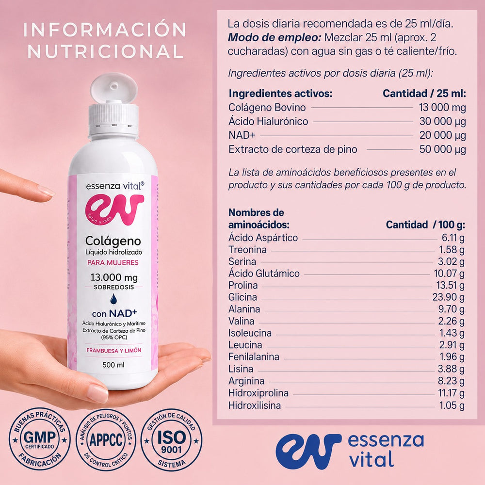 Botella de colágeno hidrolizado líquido EssenzaVital para mujeres con frambuesas y limón sobre fondo blanco