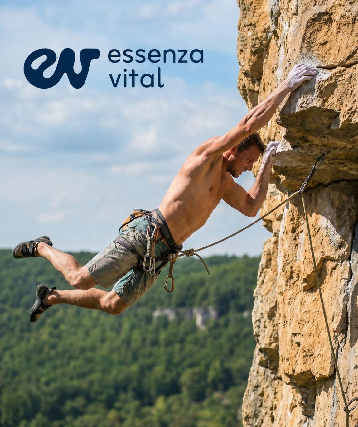 Escalador en una pared rocosa junto al logo de EssenzaVital.