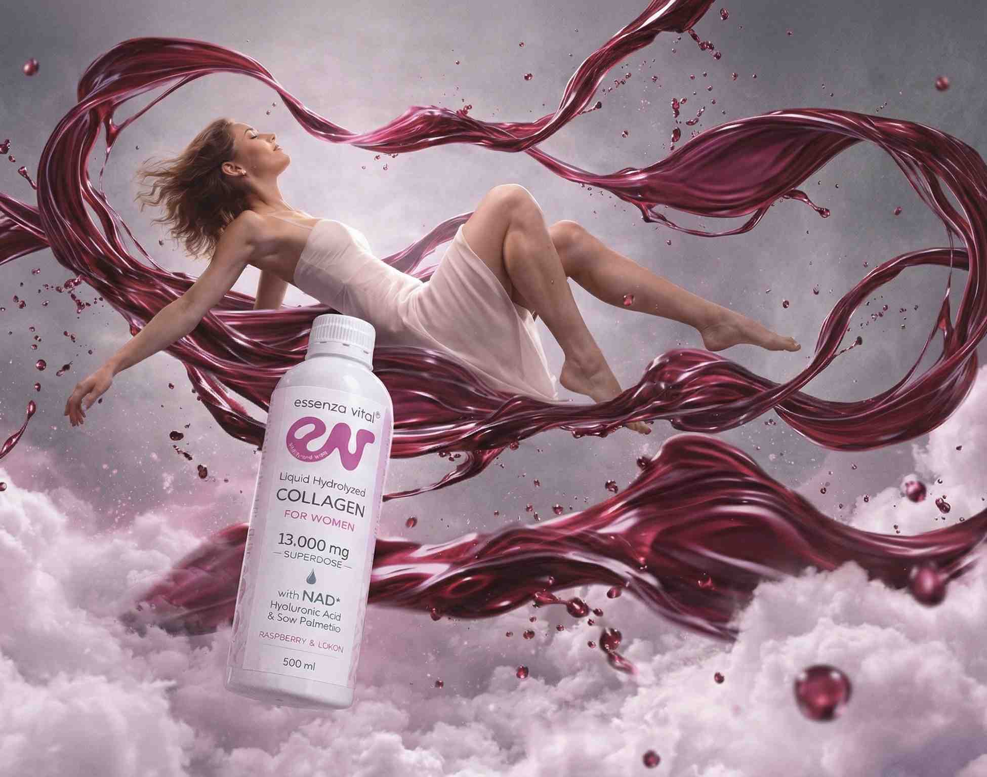 Botella de suplemento de colágeno EssenzaVital con una mujer con vestido blanco rodeada de líquido flotante color burdeos