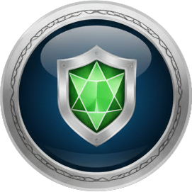 Emblema circular con una gema verde en el centro sobre un fondo azul