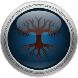 Emblema circular con un diseño de árbol sobre un fondo azul, enmarcado por un borde plateado