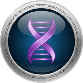 Icono de doble hélice de ADN en color morado sobre un fondo azul con un borde plateado