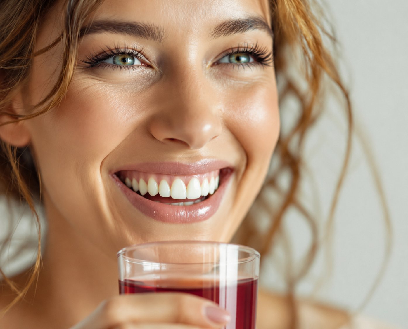 Mujer sonriente sosteniendo un vaso con una bebida roja.